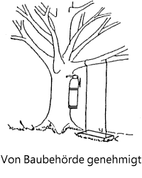 Schaukel auf Boden, Feuerlöscher am Baum